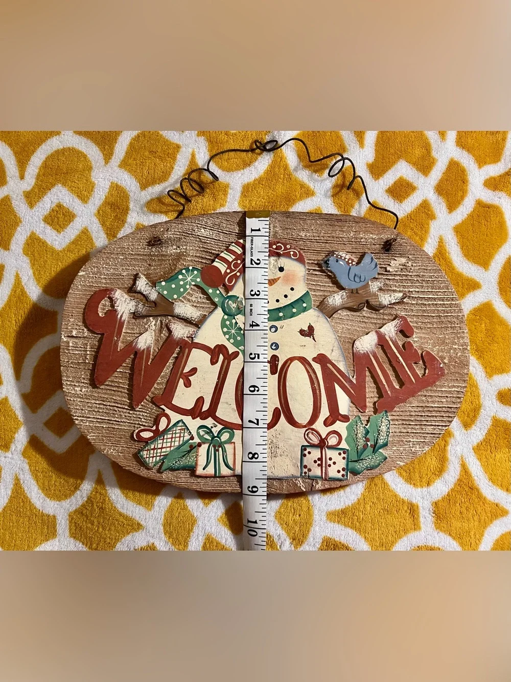 Welcome Snowman Holiday Door Plaque - Rustic Tan, Green & Red